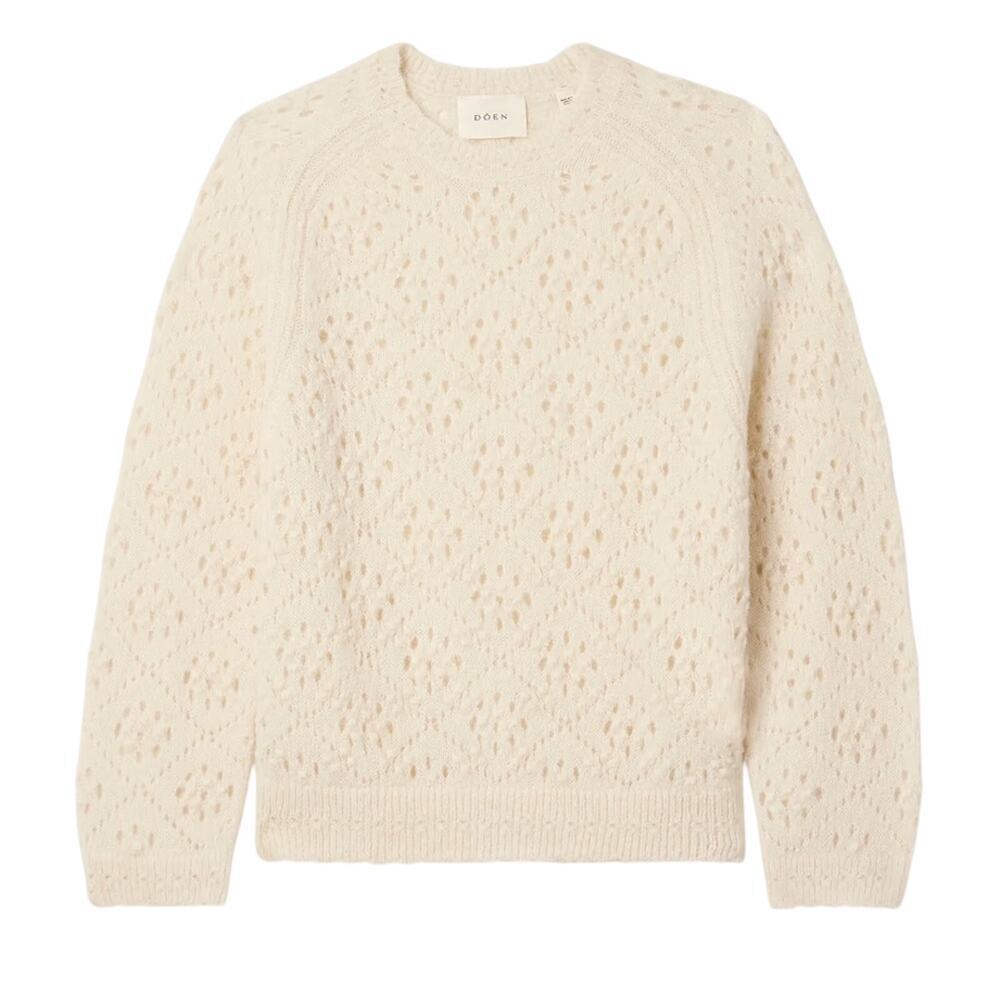 Doen Emiliana Alpaca Wool Pointelle Crewneck 3/4 Sleeve Knit Sweater Top Ivory - Picture 10 of 11